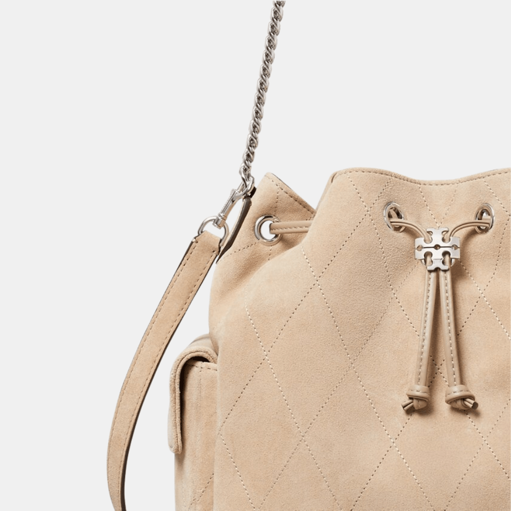 Tory Burch Charlie Quilted Suede Drawstring Shoulder Bag - DIVA ONLINE STORE