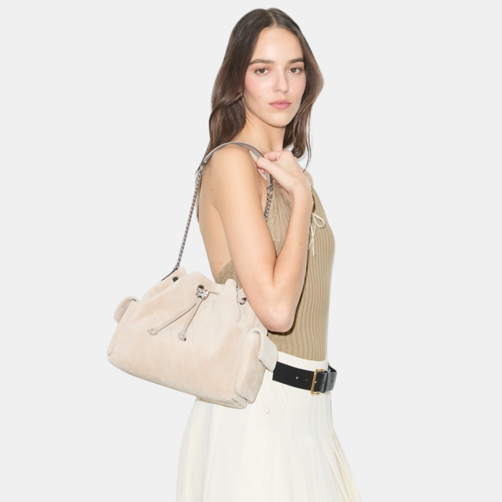 Tory Burch Charlie Quilted Suede Drawstring Shoulder Bag