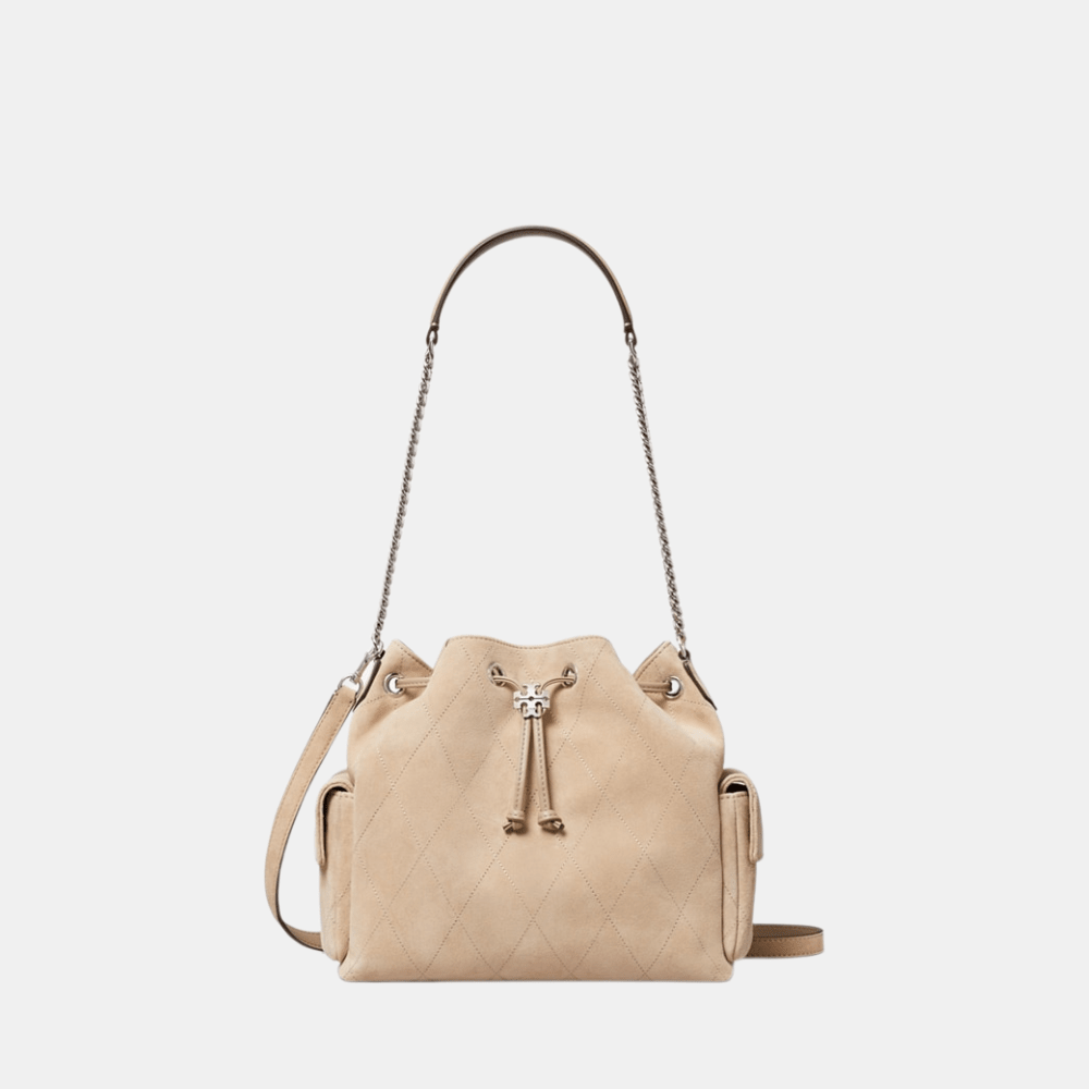 Tory Burch Charlie Quilted Suede Drawstring Shoulder Bag - DIVA ONLINE STORE
