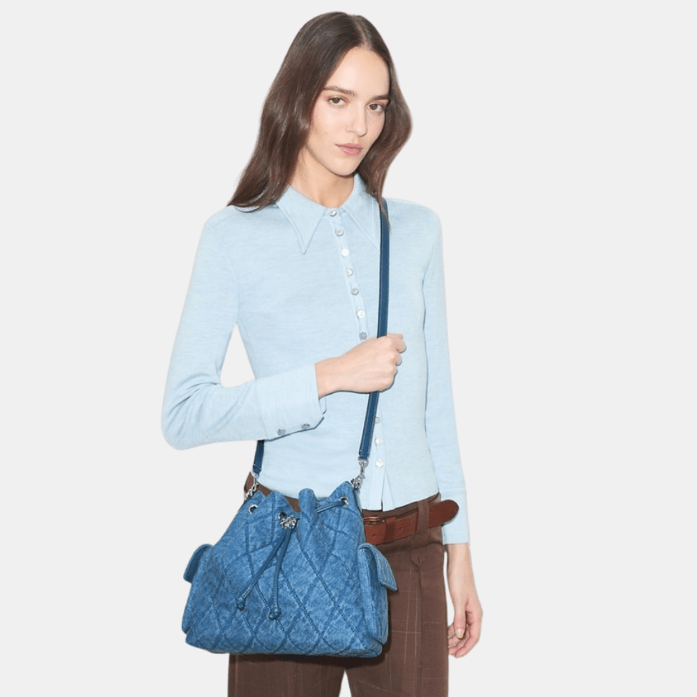 Tory Burch Charlie Quilted Denim Drawstring Shoulder Bag - DIVA ONLINE STORE