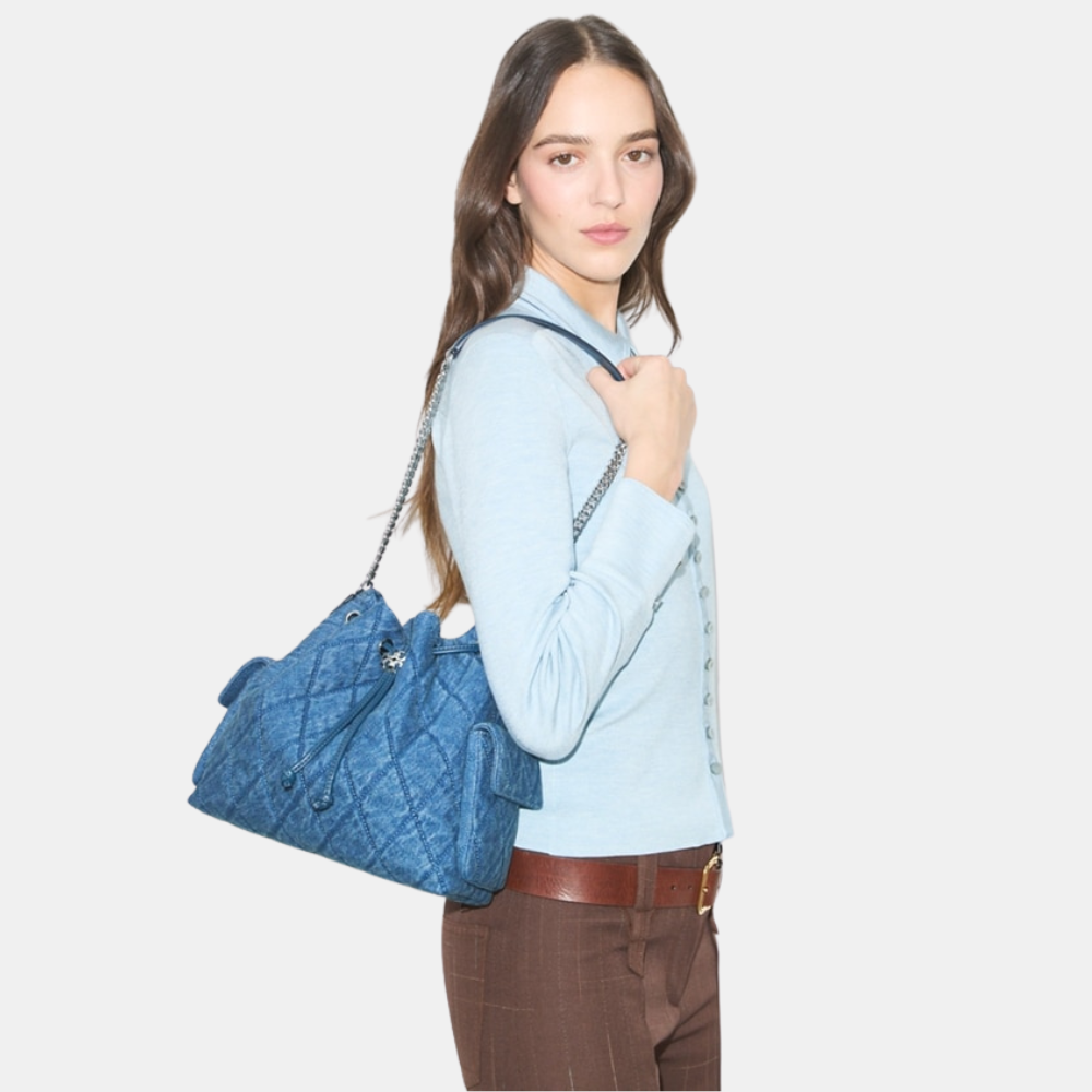 Tory Burch Charlie Quilted Denim Drawstring Shoulder Bag
