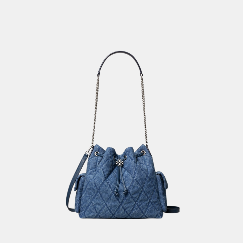Tory Burch Charlie Quilted Denim Drawstring Shoulder Bag
