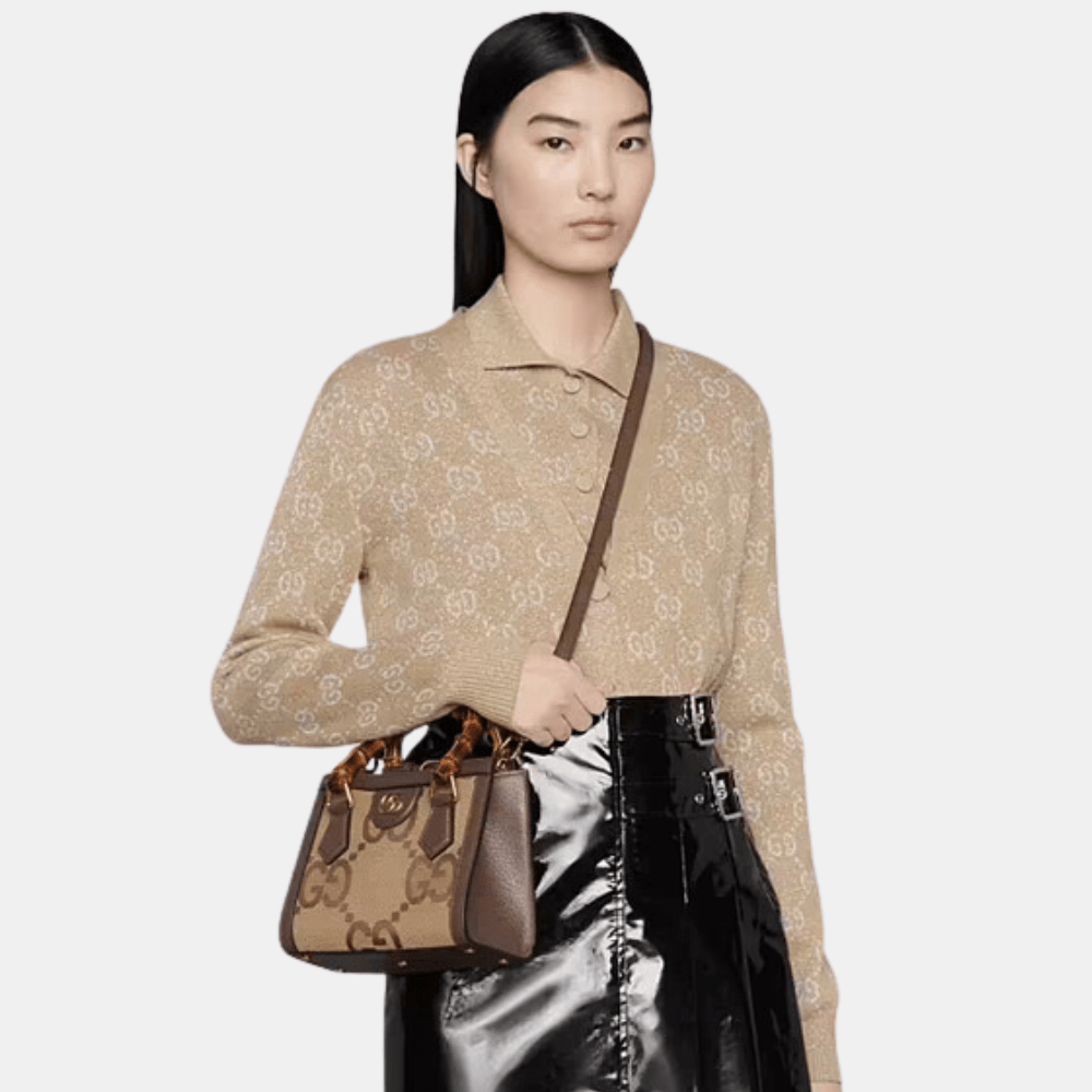Gucci Diana Jumbo GG Mini Tote Bag In Camel And Ebony Canvas - DIVA ONLINE STORE