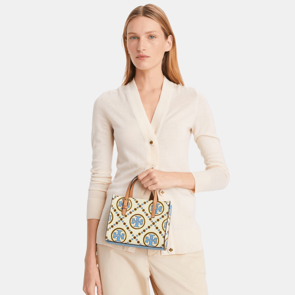 Tory Burch Mini T Monogram Contrast Embossed Square Tote (New Ivory/Dauphin Blue) - DIVA ONLINE STORE