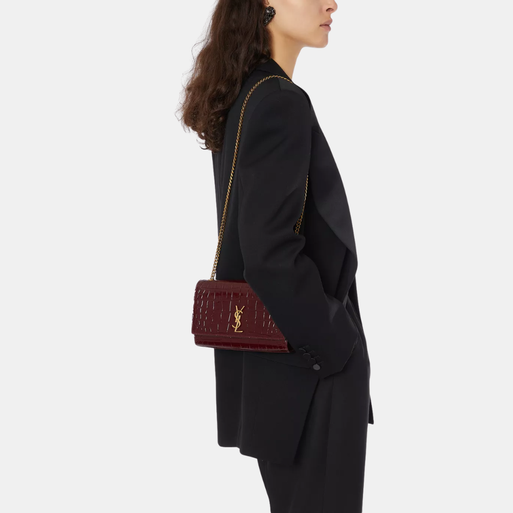 Saint Laurent Kate Small In Croc-Embossed Patent Leather (Gloss Burgundy)