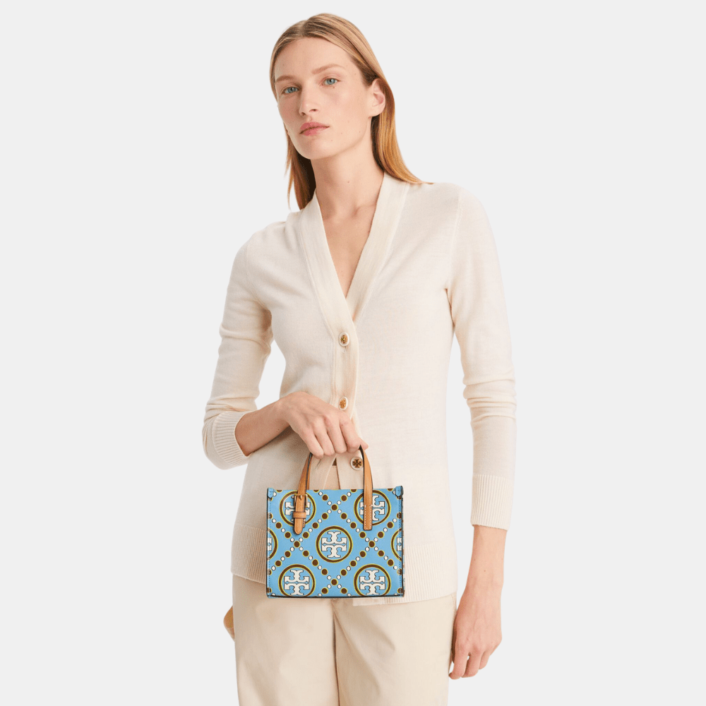 Tory Burch Mini T Monogram Contrast Embossed Square Tote (New Ivory/Dauphin Blue) - DIVA ONLINE STORE