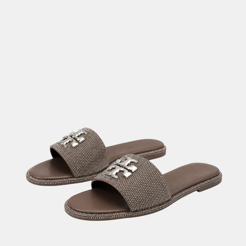 Tory Burch Everly Rhinestone Slides (Dark Clay)