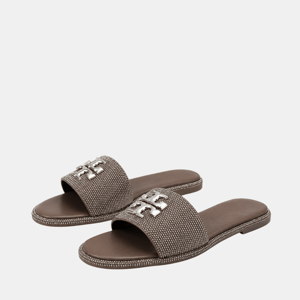 Tory Burch Everly Rhinestone Slides (Dark Clay) - DIVA ONLINE STORE