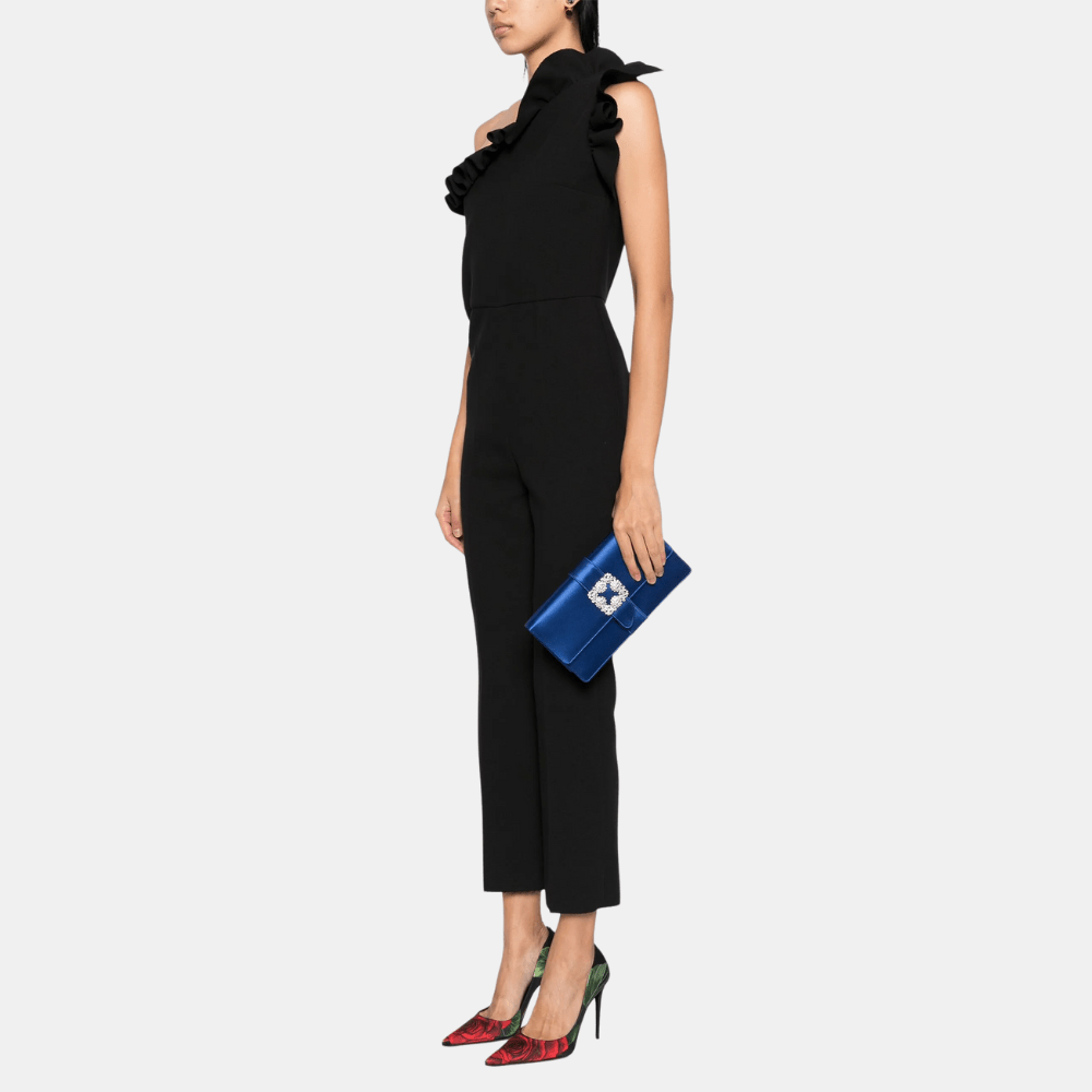 Manolo Blahnik Capri Blue Satin Jewel Buckle Clutch - DIVA ONLINE STORE