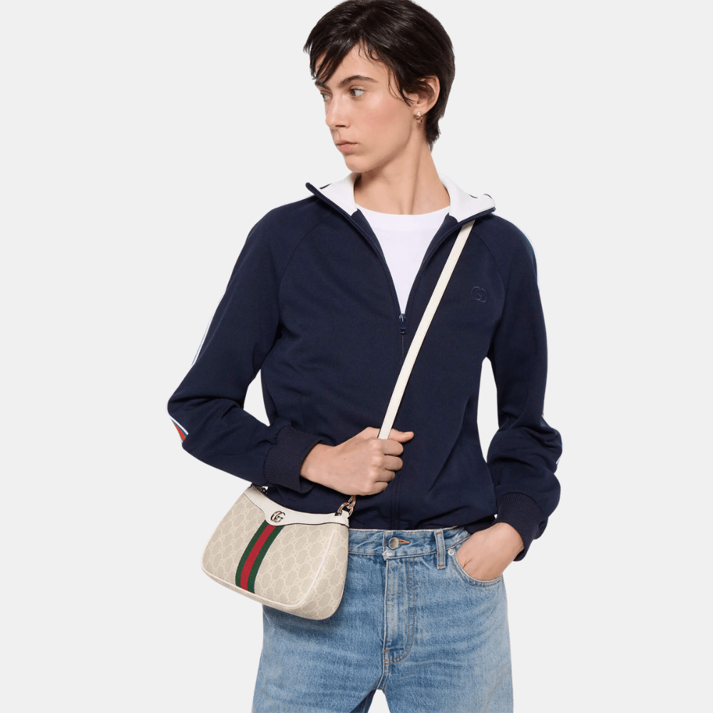 Gucci Ophidia Small Shoulder Bag In Beige And White GG Fabric - DIVA ONLINE STORE