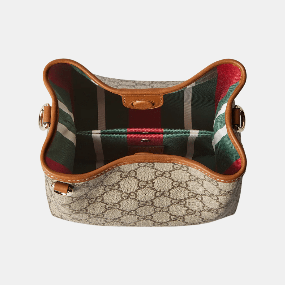 Gucci GG Emblem Small Bucket Bag In Beige And Dark Brown Fabric - DIVA ONLINE STORE
