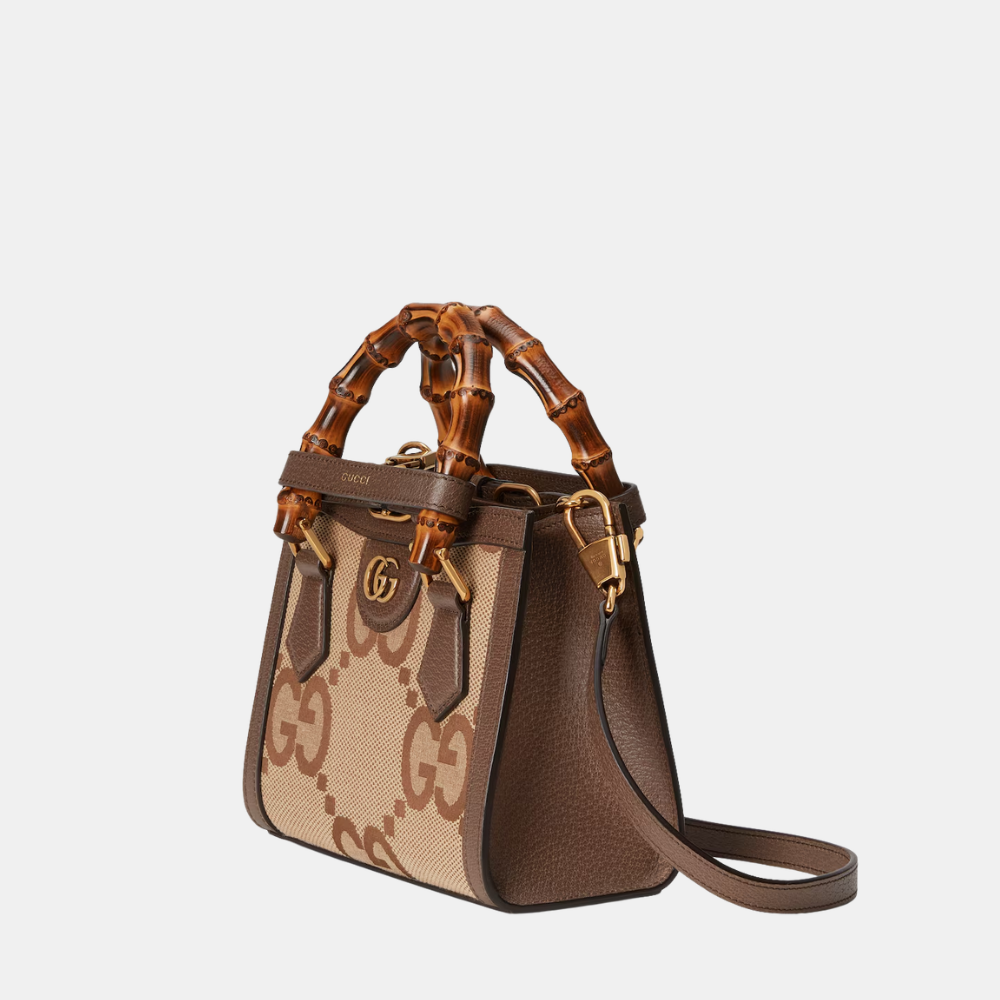 Gucci Diana Jumbo GG Mini Tote Bag In Camel And Ebony Canvas