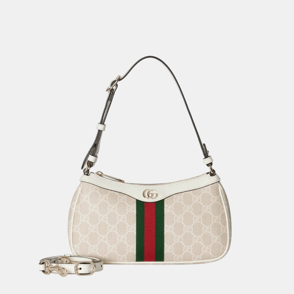Gucci Ophidia Small Shoulder Bag In Beige And White GG Fabric - DIVA ONLINE STORE