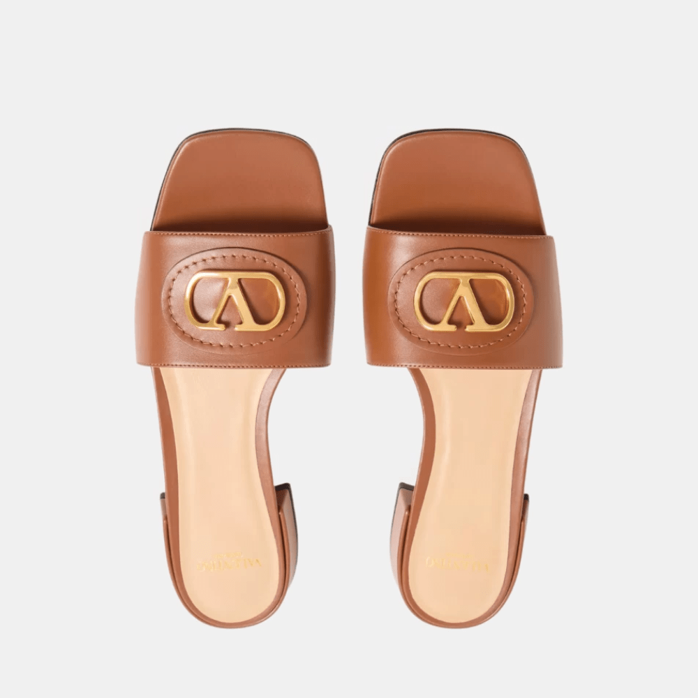 Valentino VLogo Signature Slide Sandal In Tobacco Calfskin - DIVA ONLINE STORE