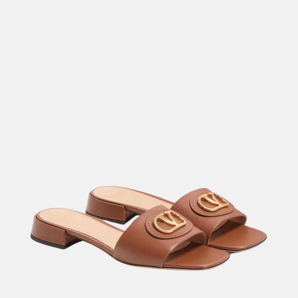 Valentino VLogo Signature Slide Sandal In Tobacco Calfskin - DIVA ONLINE STORE