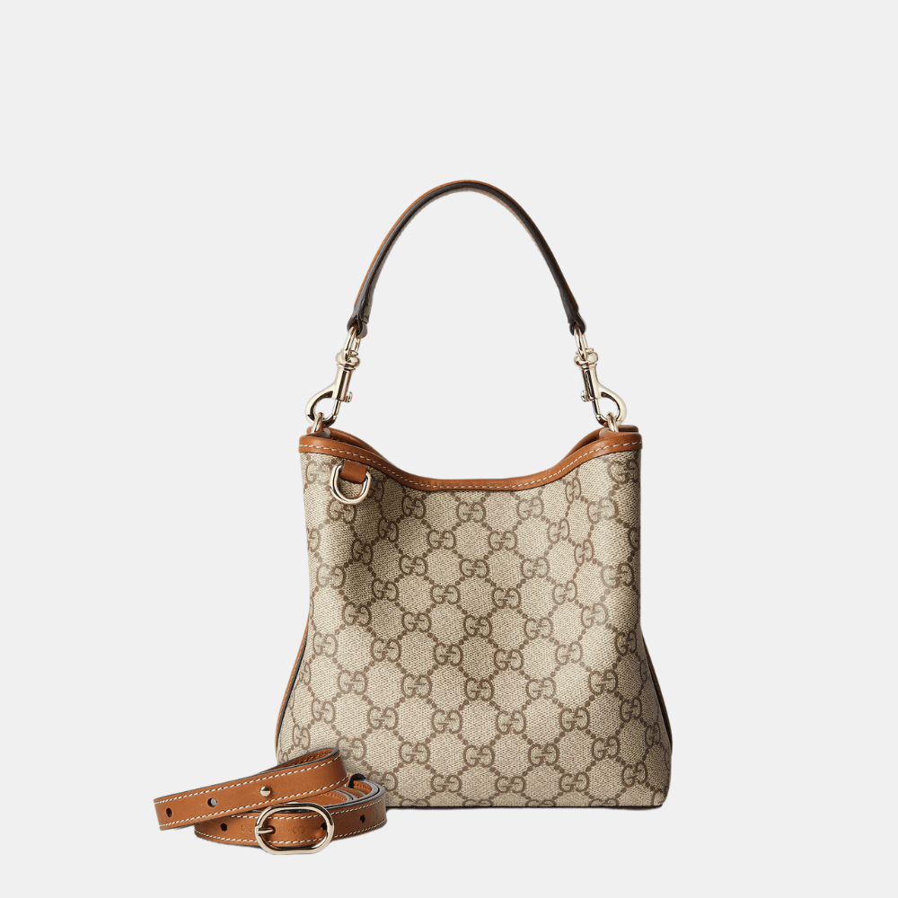 Gucci GG Emblem Small Bucket Bag In Beige And Dark Brown Fabric - DIVA ONLINE STORE