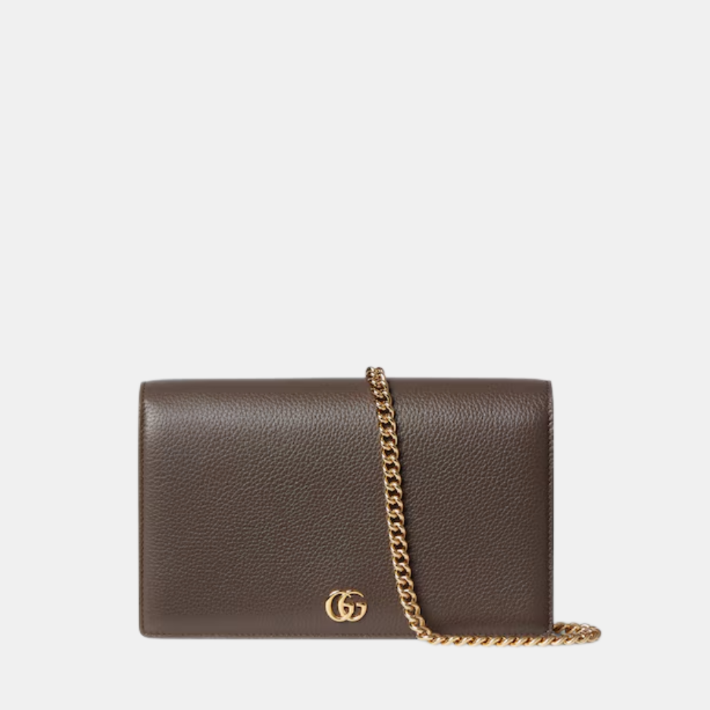 Gucci Bi-Color GG Marmont Wallet On Chain In Dark Taupe Leather