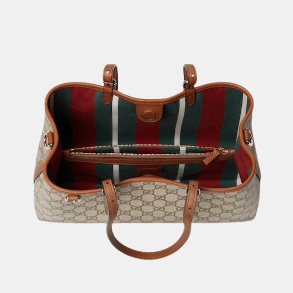 Gucci GG Emblem Medium Tote Bag In Beige And Dark Brown Fabric - DIVA ONLINE STORE
