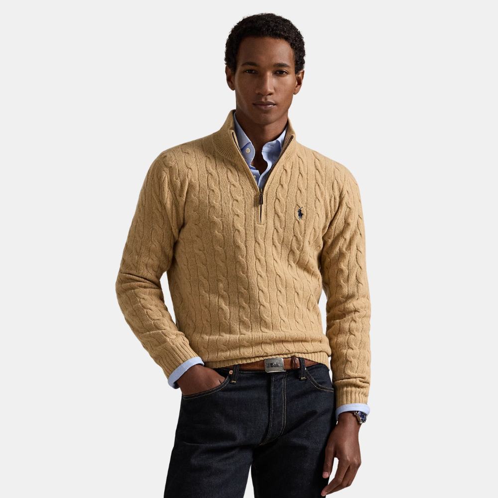 Ralph Lauren Cable-Knit Quarter-Zip Jumper (Camel Melange)