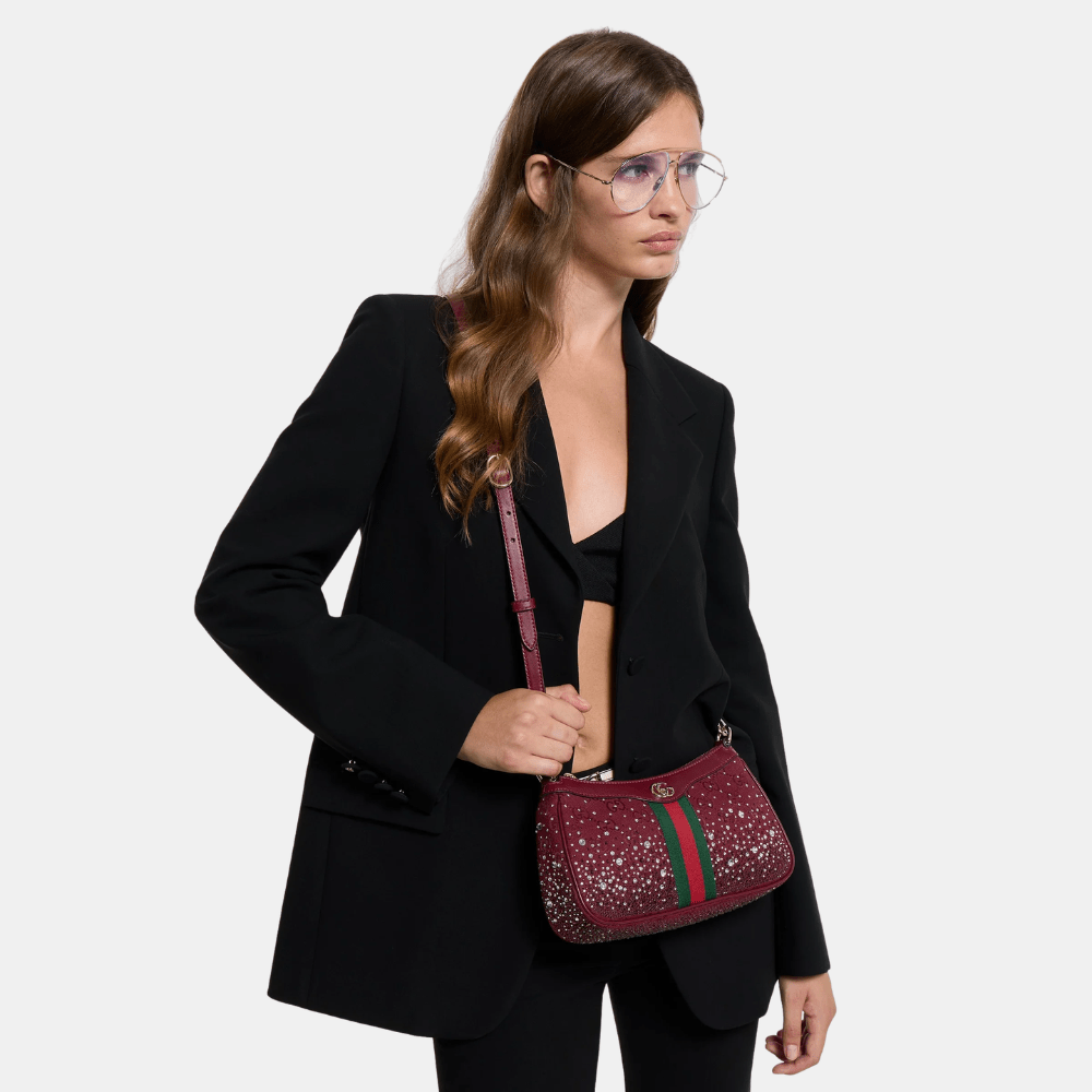 Gucci Ophidia Crystals Small Shoulder Bag In Rosso Ancora Red GG Canvas - DIVA ONLINE STORE