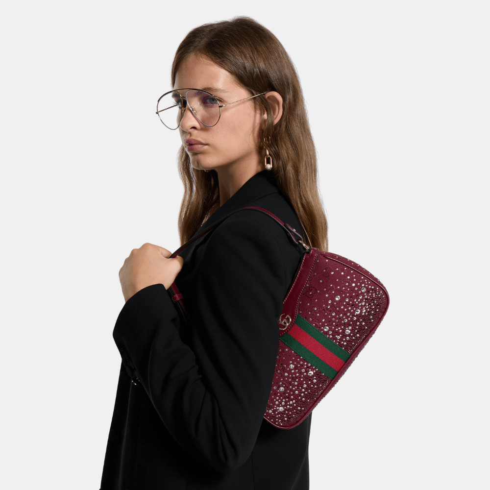 Gucci Ophidia Crystals Small Shoulder Bag In Rosso Ancora Red GG Canvas - DIVA ONLINE STORE