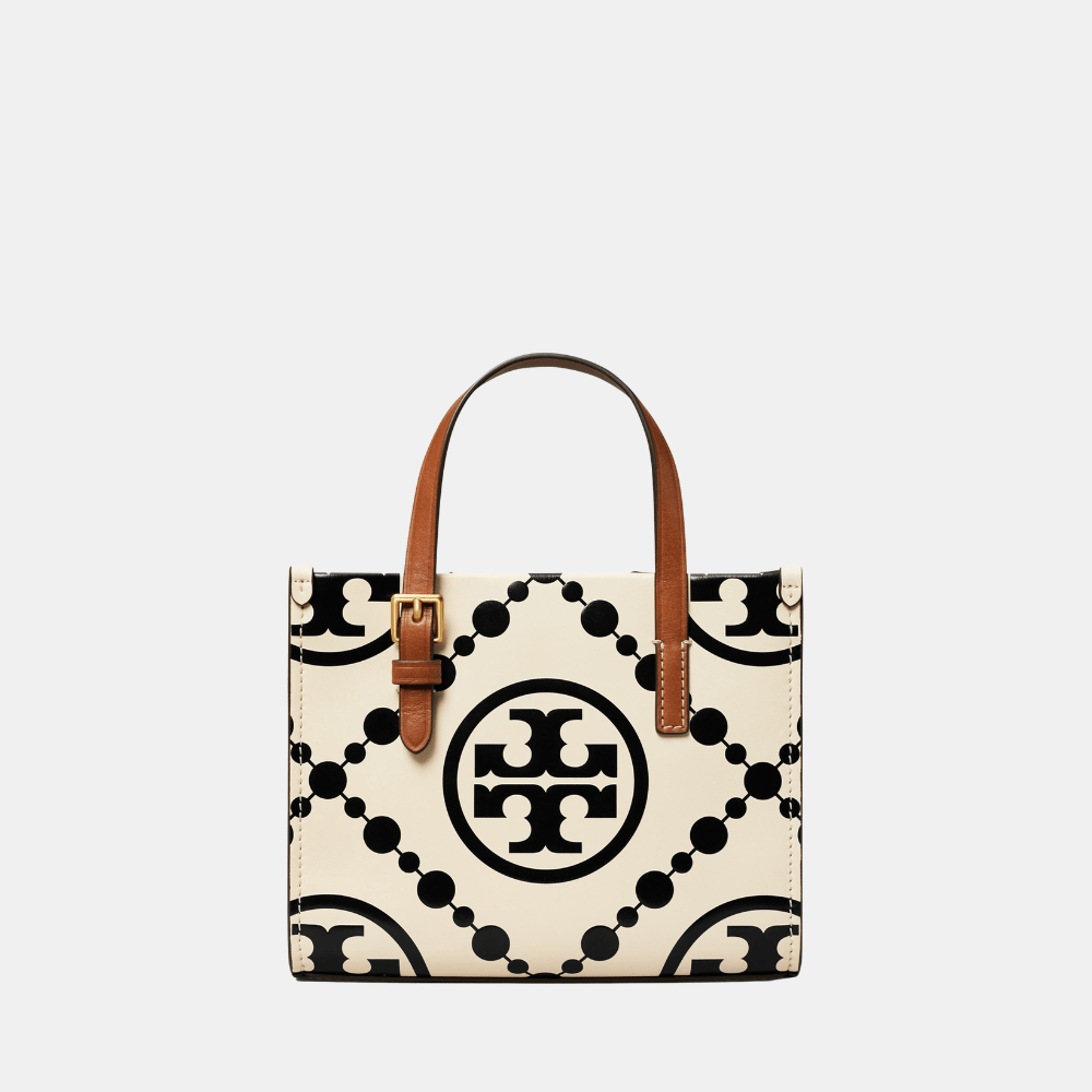 Tory Burch Mini T Monogram Contrast Embossed Square Tote (New Ivory/Black) - DIVA ONLINE STORE