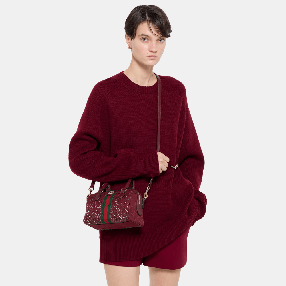 Gucci Ophidia Crystals Small Boston Bag In Rosso Ancora Red GG Canvas - DIVA ONLINE STORE