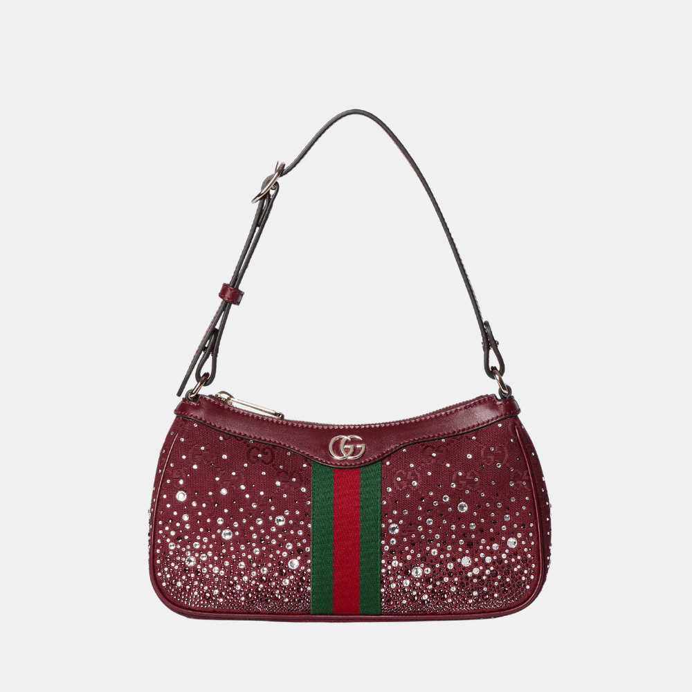 Gucci Ophidia Crystals Small Shoulder Bag In Rosso Ancora Red GG Canvas - DIVA ONLINE STORE