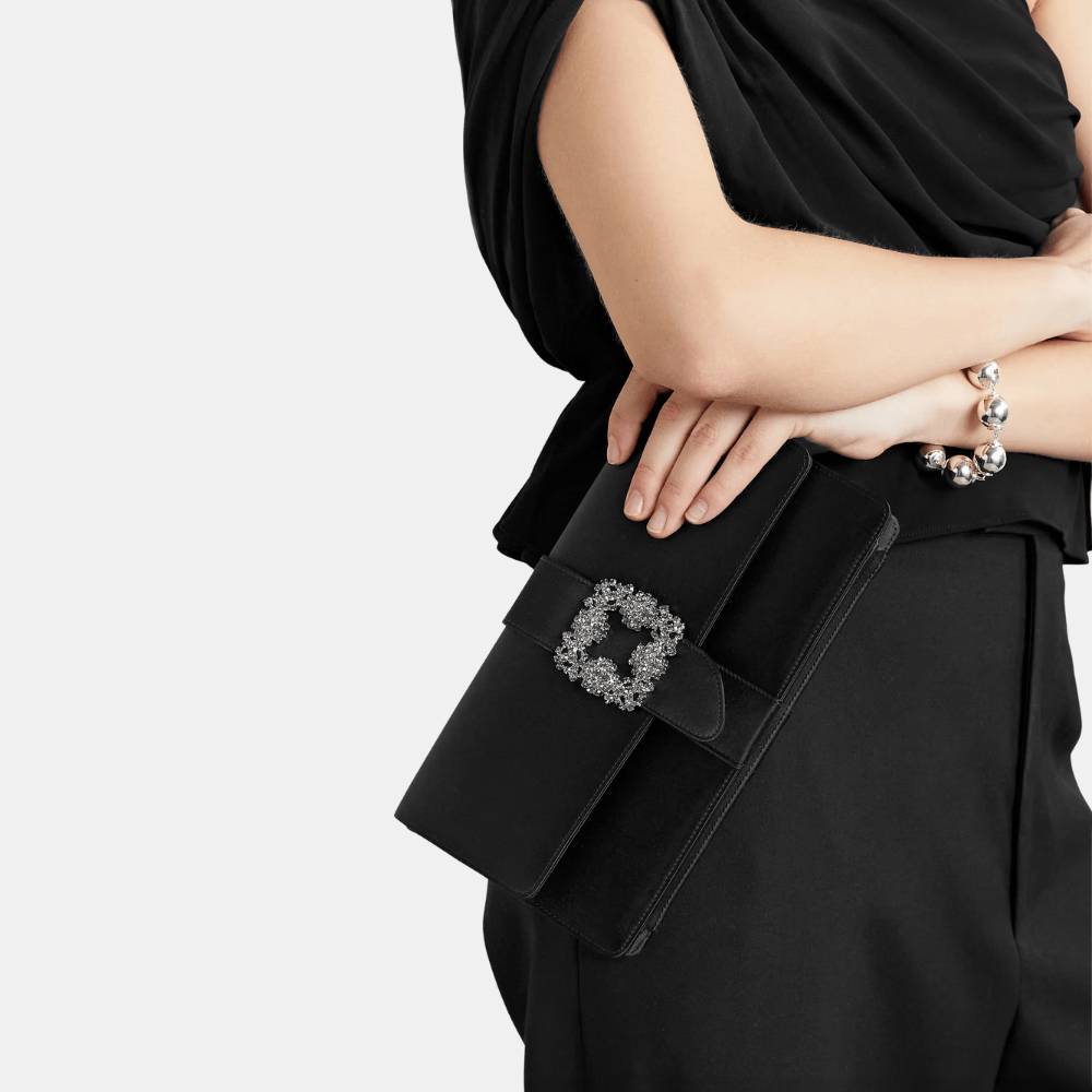 Manolo Blahnik Capri Black Satin Jewel Buckle Clutch - DIVA ONLINE STORE