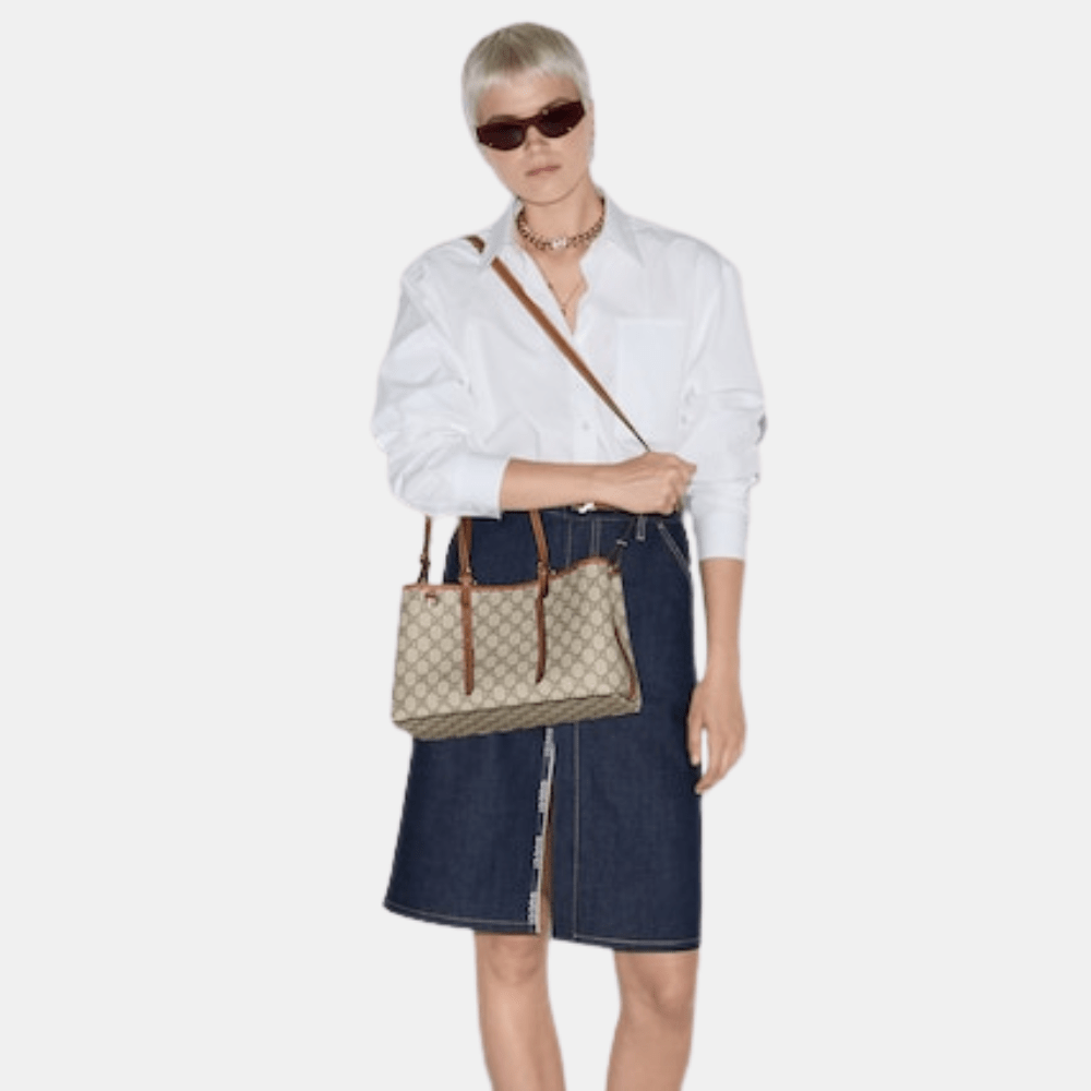 Gucci GG Emblem Medium Tote Bag In Beige And Dark Brown Fabric