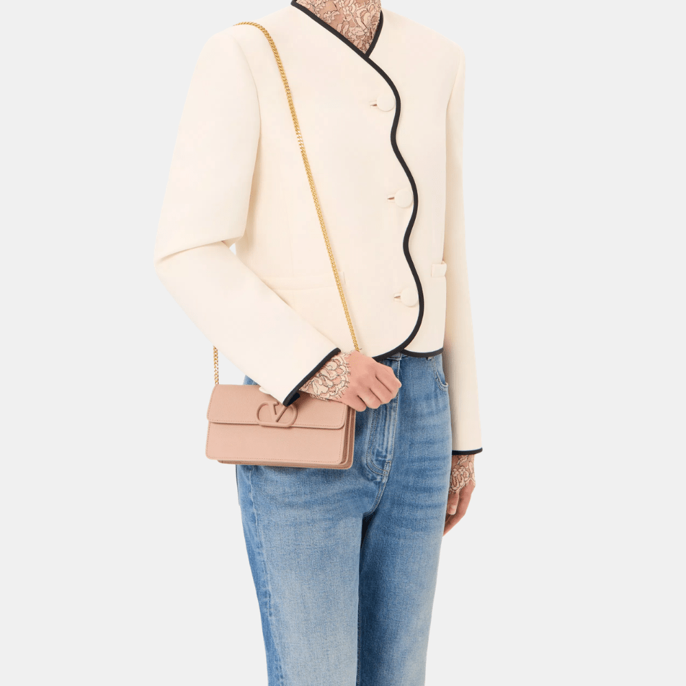 Valentino VLogo Signature Grainy Calfskin Wallet With Chain (Rose Cannelle) - DIVA ONLINE STORE