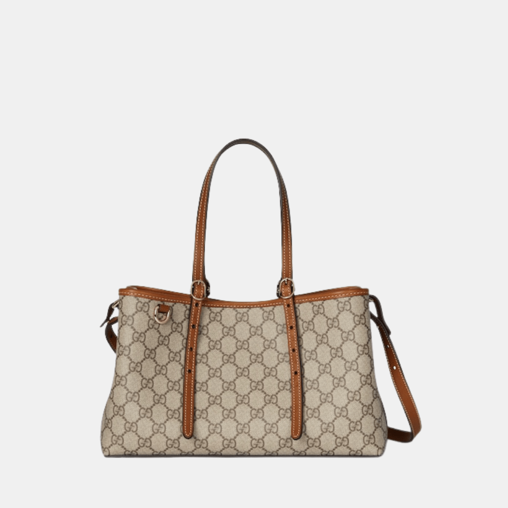 Gucci GG Emblem Medium Tote Bag In Beige And Dark Brown Fabric - DIVA ONLINE STORE