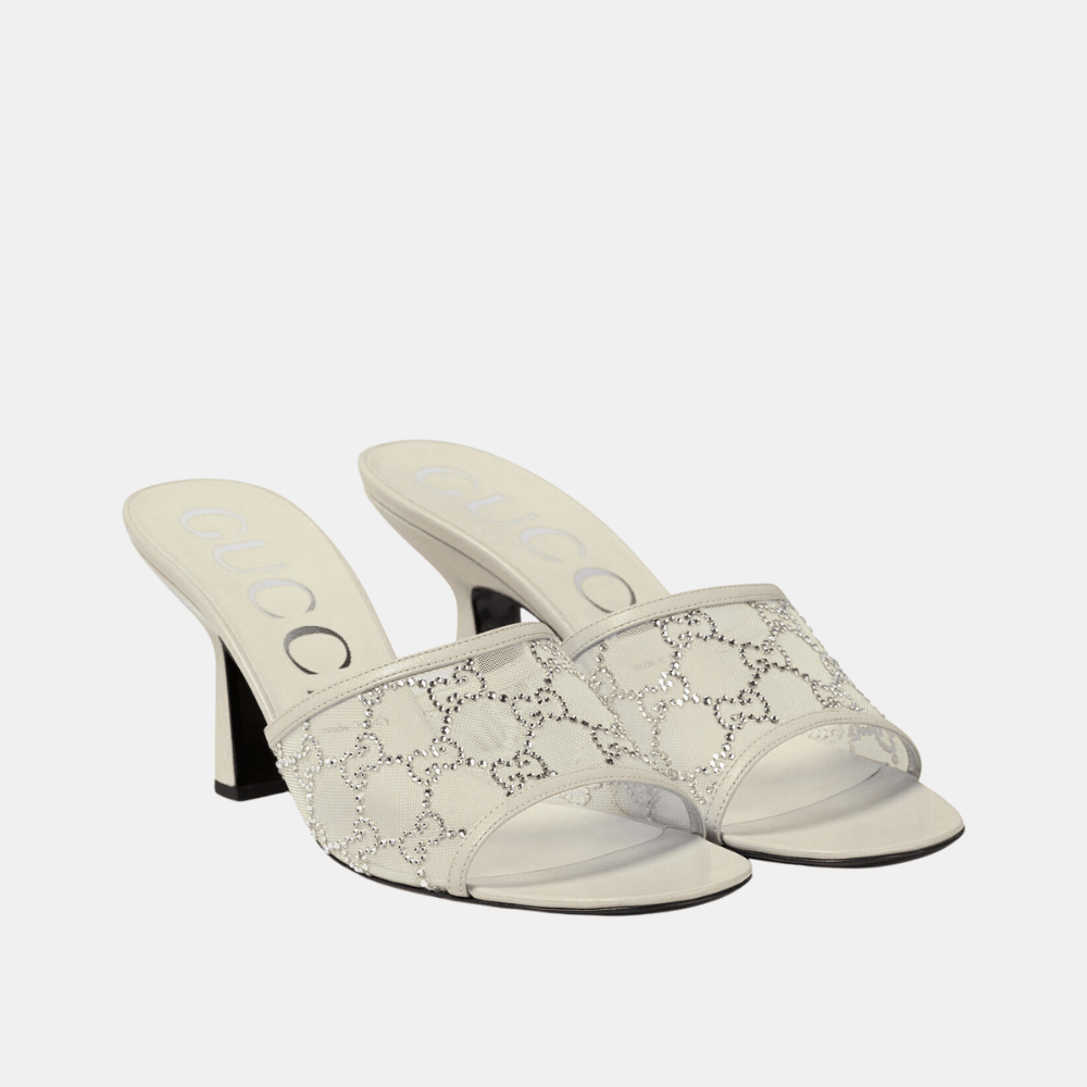 Gucci GG - Embellished Mesh And Leather Mule Sandals (White) - DIVA ONLINE STORE