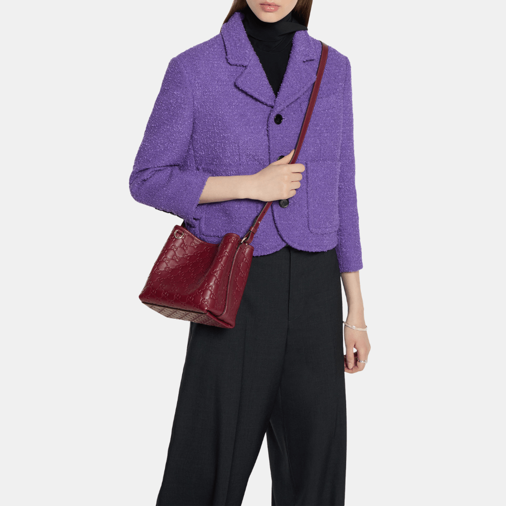 Gucci GG Emblem Small Bucket Bag In Rosso Ancora Red Leather - DIVA ONLINE STORE
