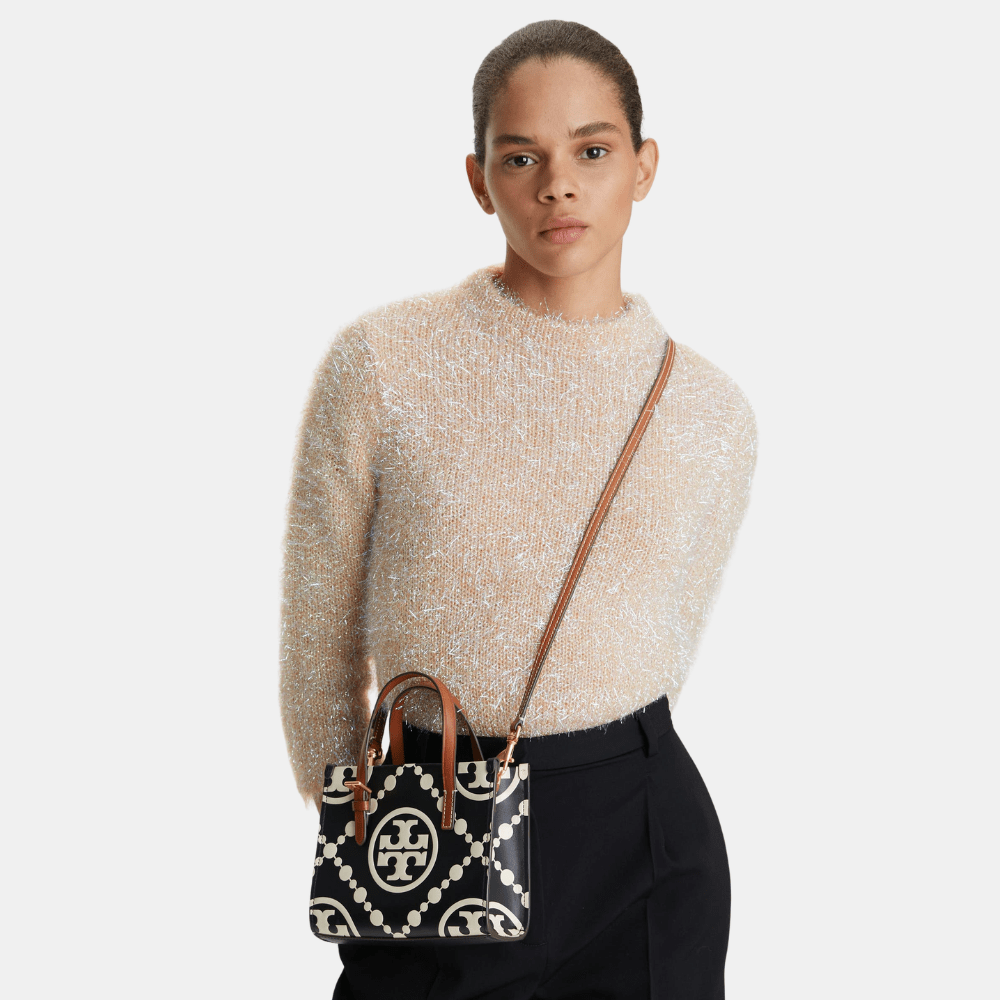 Tory Burch Mini T Monogram Contrast Embossed Square Tote (New Ivory/Black) - DIVA ONLINE STORE
