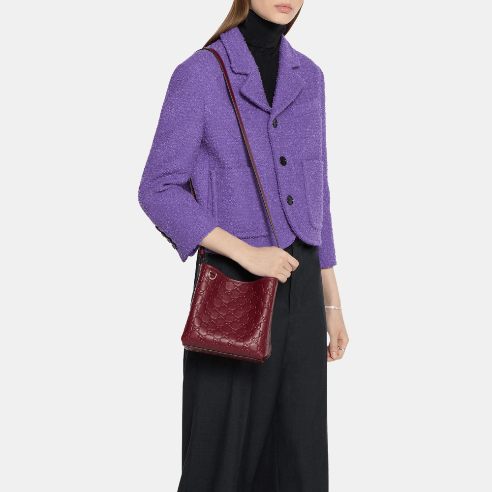 Gucci GG Emblem Small Bucket Bag In Rosso Ancora Red Leather - DIVA ONLINE STORE