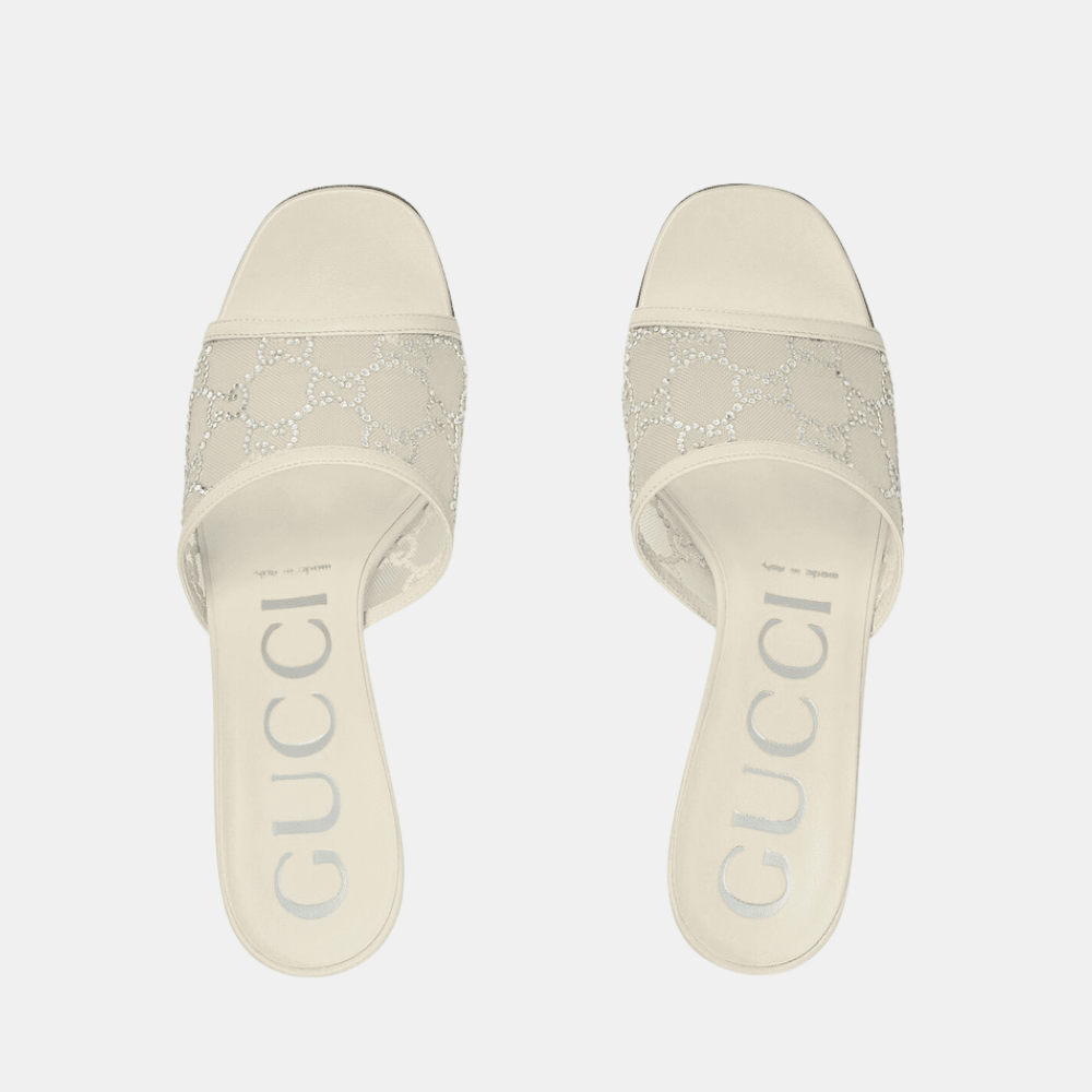 Gucci GG - Embellished Mesh And Leather Mule Sandals (White) - DIVA ONLINE STORE
