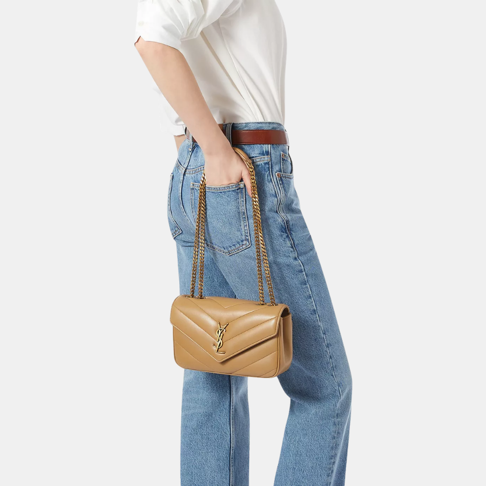 Saint Laurent Small Loulou Shoulder Bag In Matelassé Lambskin (Natural Tan)