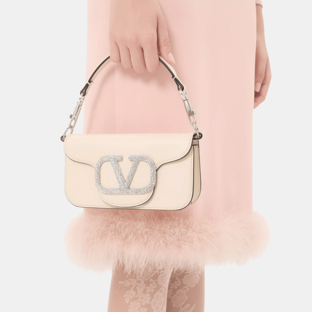 Valentino Garavani Locò Small Shoulder Bag With Jewel Logo (Ivory) - DIVA ONLINE STORE