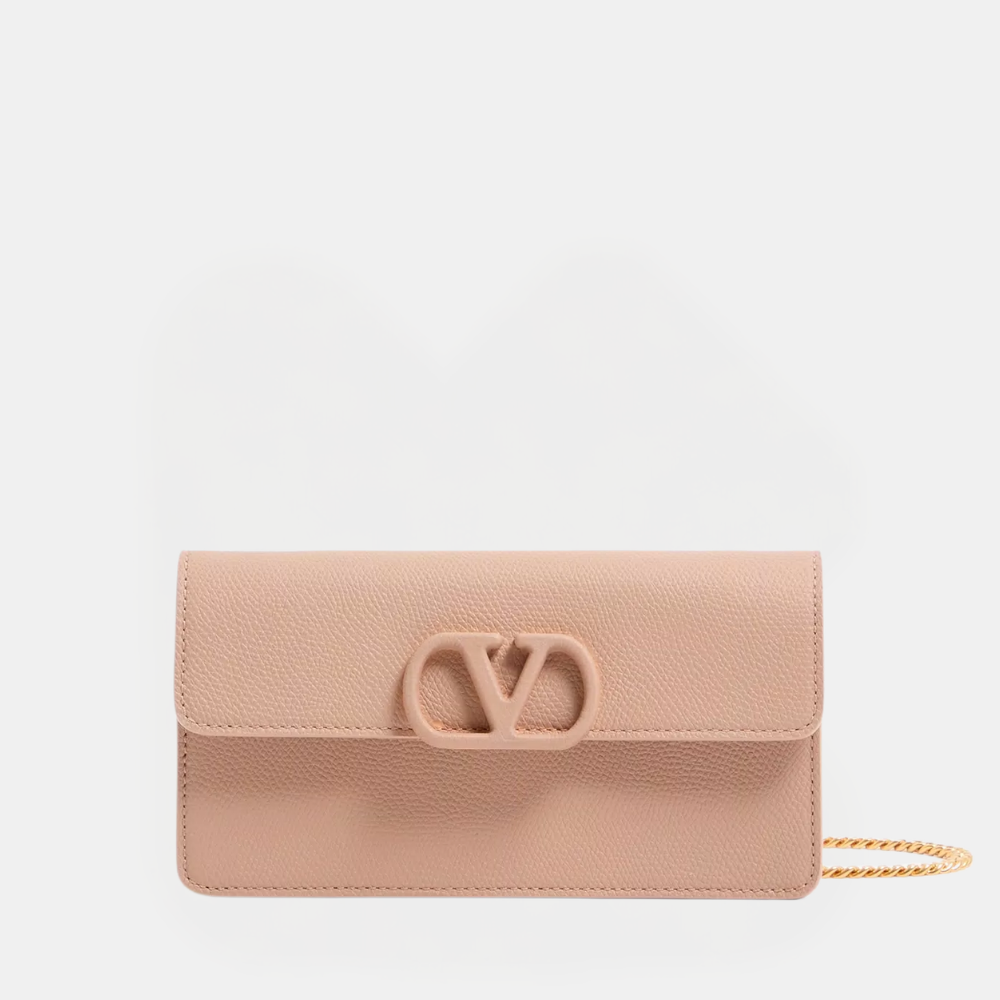 Valentino VLogo Signature Grainy Calfskin Wallet With Chain (Rose Cannelle)