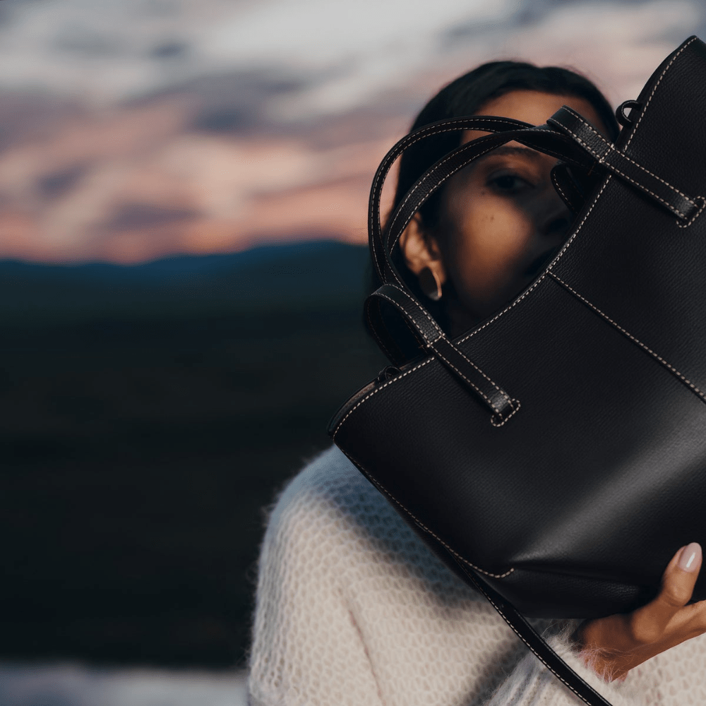 Polène Cyme Mini Edition Textured Black with Ecru Stitching - DIVA ONLINE STORE