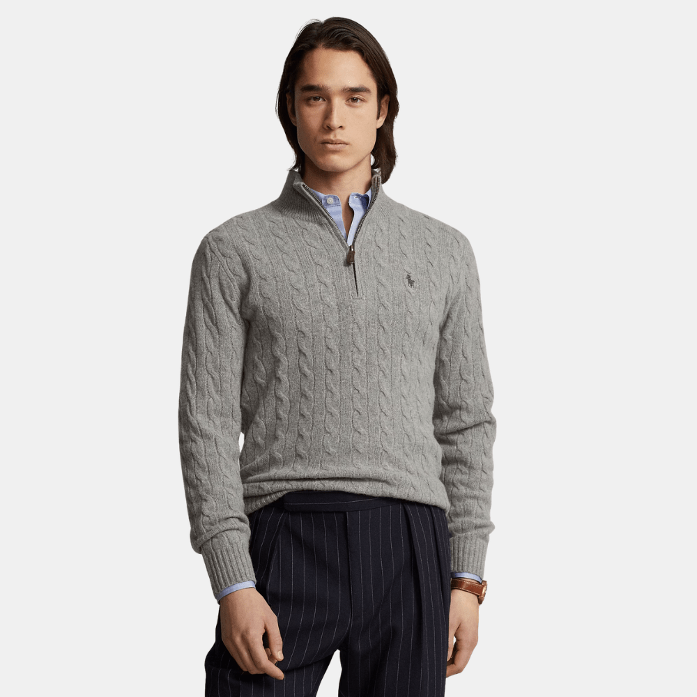 Ralph Lauren Cable-Knit Quarter-Zip Jumper (Fawn Grey Heather) - DIVA ONLINE STORE