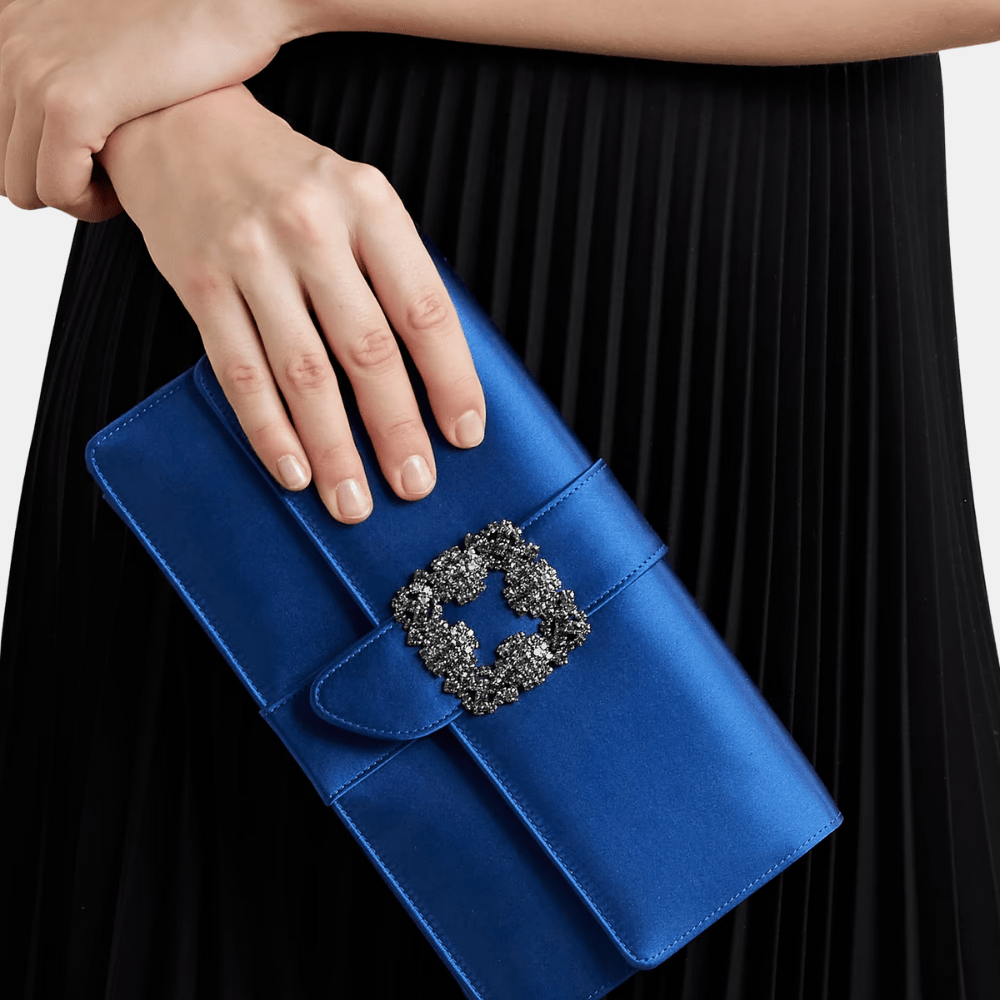 Manolo Blahnik Capri Blue Satin Jewel Buckle Clutch - DIVA ONLINE STORE