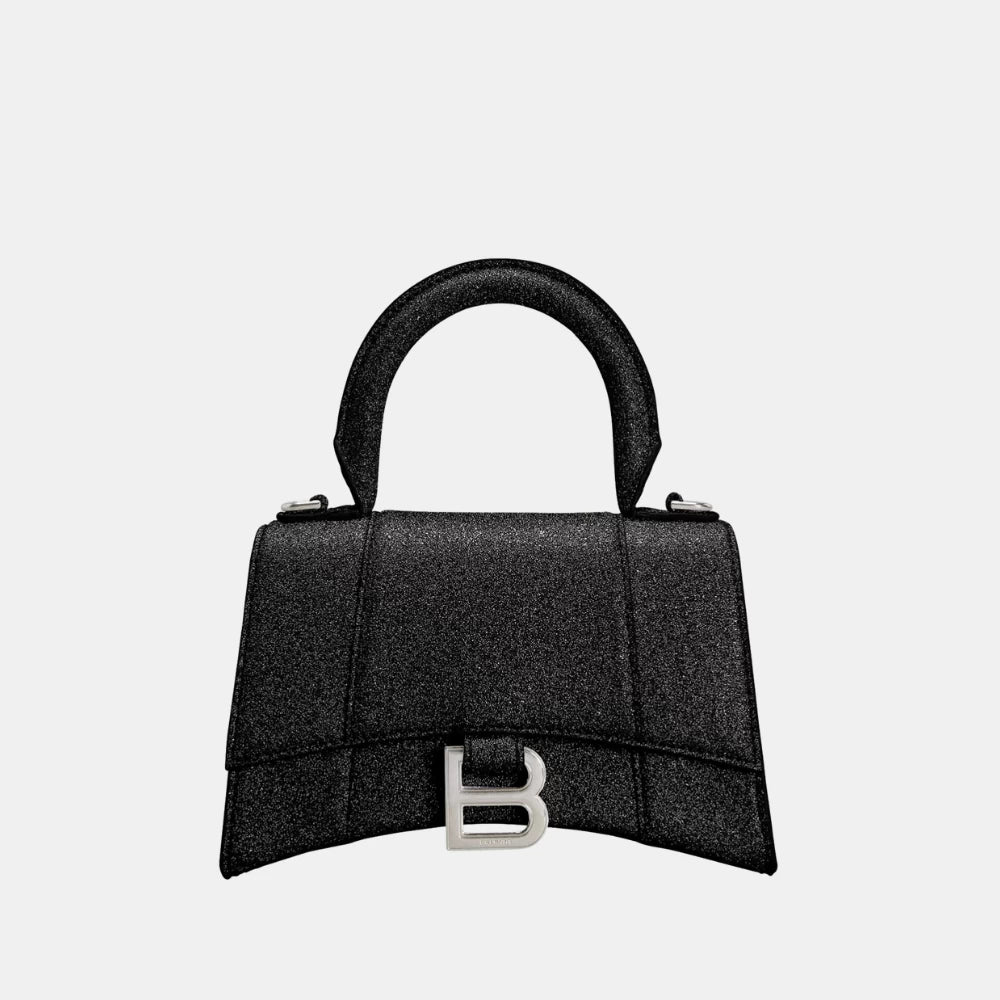 Balenciaga Hourglass XS Glitter Fabric Top Handle Bag (Black) - DIVA ONLINE STORE