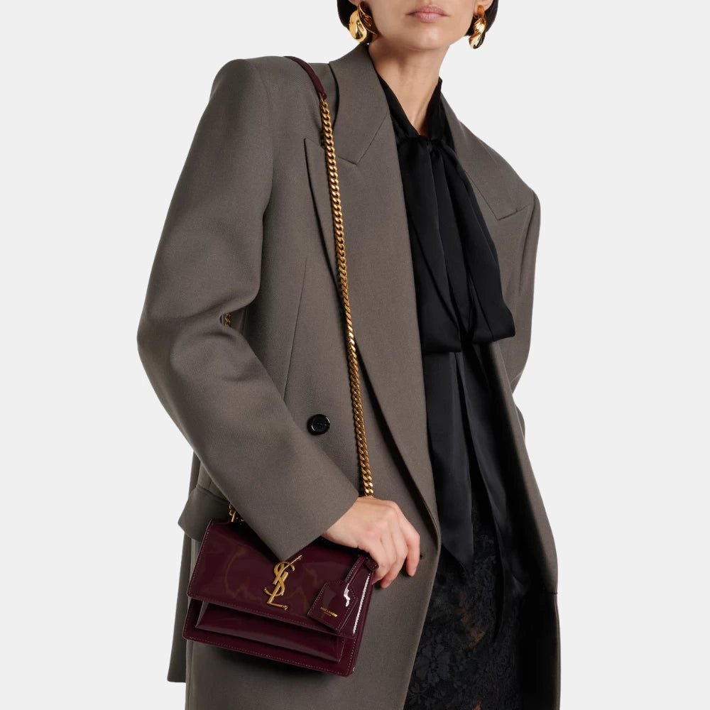 Saint Laurent Sunset Small Patent Leather Shoulder Bag (Red Wine) - DIVA ONLINE STORE