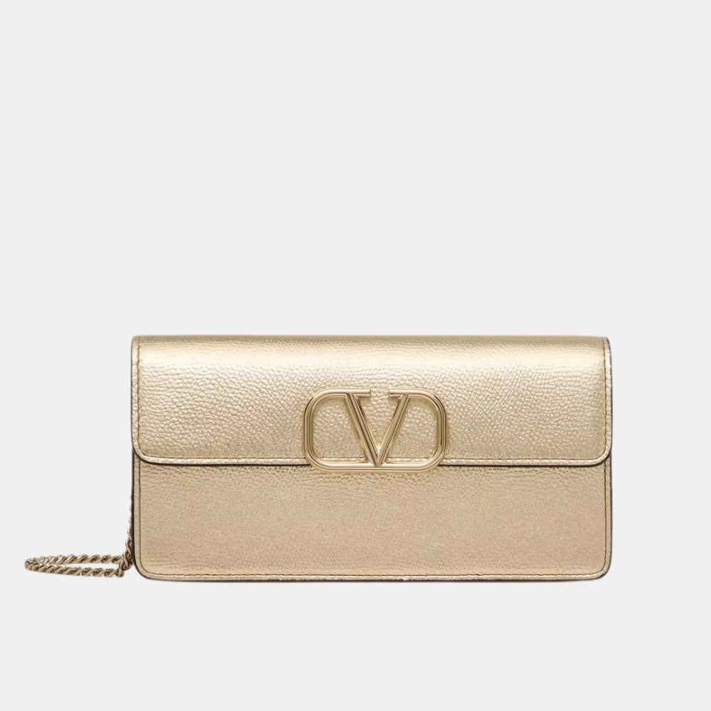 Valentino Vlogo Signature Metallic Grainy Calfskin Wallet With Chain - DIVA ONLINE STORE