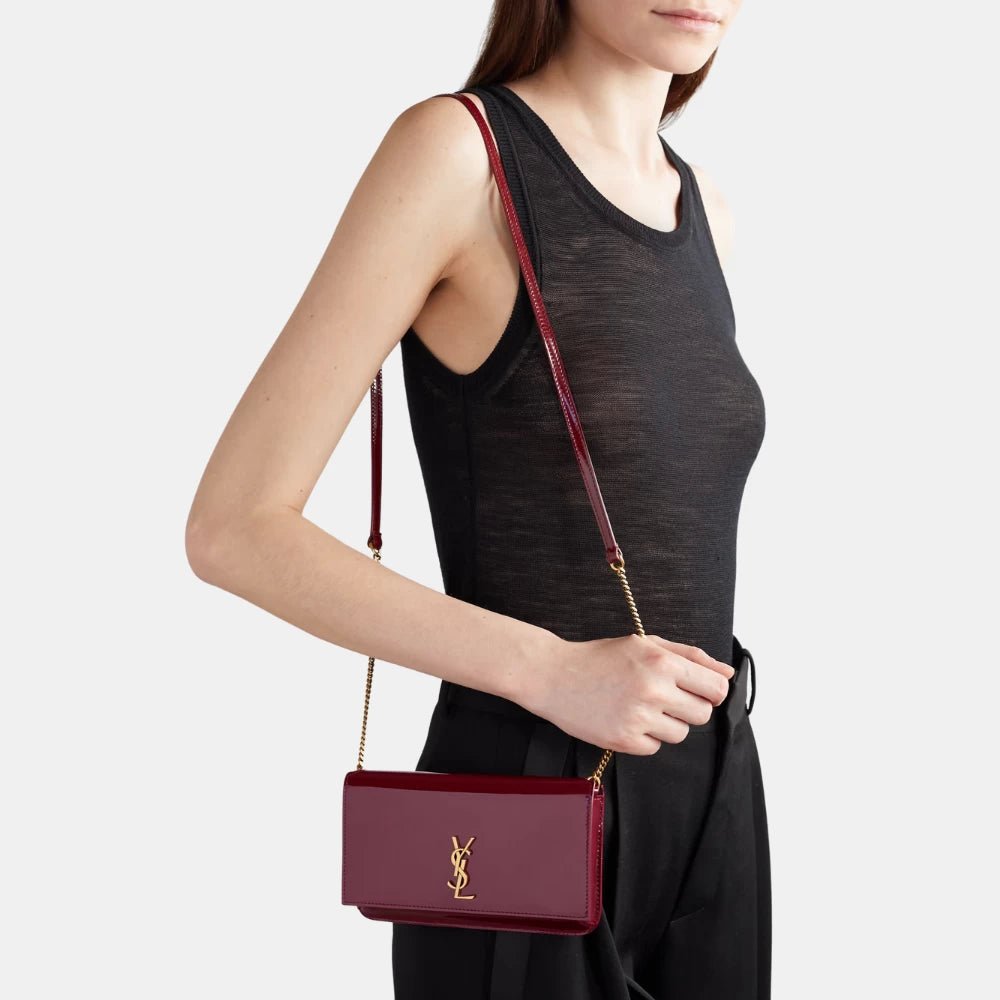 Saint Laurent Cassandre Phone Holder in Patent Leather (Burgundy) - DIVA ONLINE STORE