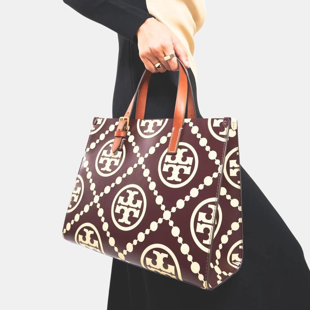 Tory Burch Small T Monogram Contrast Embossed Tote (Maroon) - DIVA ONLINE STORE