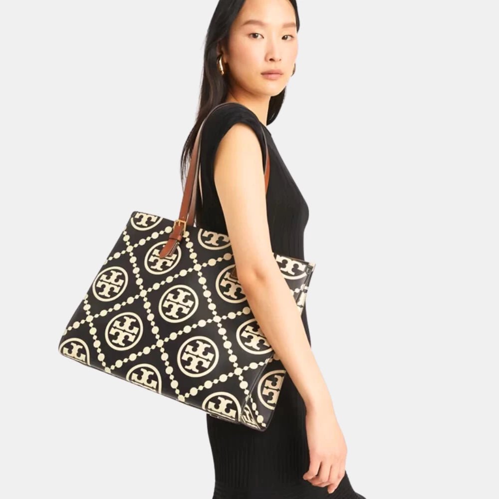 Tory Burch Large T Monogram Contrast Embossed Tote (Black) - DIVA ONLINE STORE