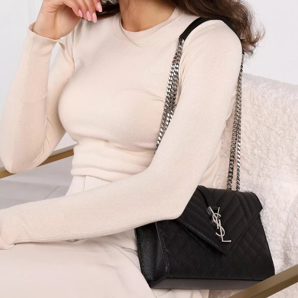 Saint Laurent Medium Envelope Flap Bag (Black/Silver) - DIVA ONLINE STORE